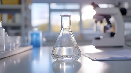 a single erlenmeyer flask filled with liquid on a table in a laboratory setting