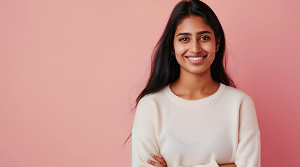 Happy, prosperous Desi woman standing with confidence in her casual attire and grinning at the camera copy space