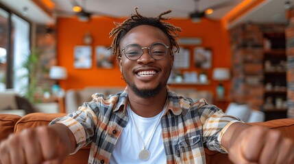 Wall Mural - Cheerful young man with glasses and dreadlocks in modern living room