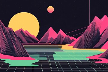 a design of a very minimalist cyberpunk and art deco geometric landscape with neon colors 