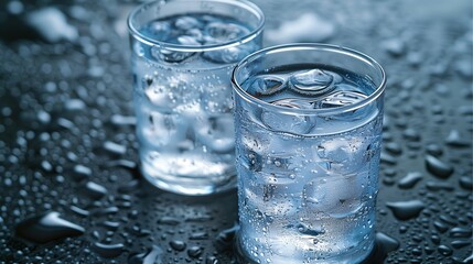 Two glasses of water with ice cubes on a wet surface