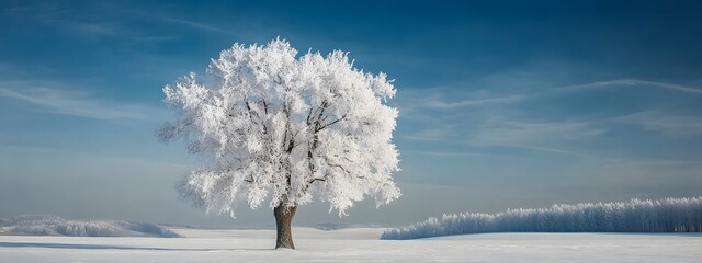 Wall Mural - a beautiful tree, covered in snow, stands alone in the snowy field against a blue sky