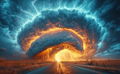 Wall Mural - Massive storm cloud with bright lightning over a country road and house during a vivid sunset Generative AI