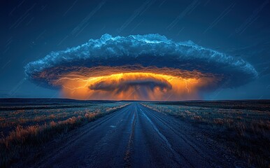 Wall Mural - Massive storm cloud with bright lightning over a country road and house during a vivid sunset Generative AI