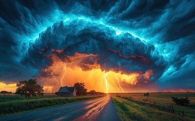 Wall Mural - Massive storm cloud with bright lightning over a country road and house during a vivid sunset Generative AI