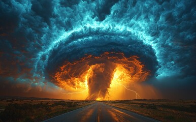 Wall Mural - Massive storm cloud with bright lightning over a country road and house during a vivid sunset Generative AI