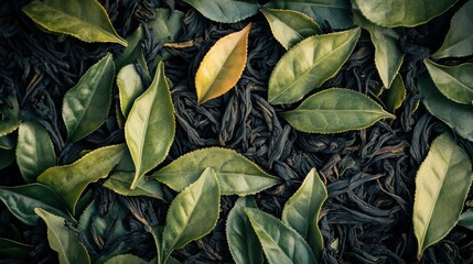 Close-Up of Green and Black Tea Leaves for Culinary and Health Purposes