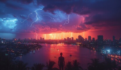 Wall Mural - Lightning storm over a vibrant city skyline with dramatic purple and orange clouds reflecting on the river at dusk Generative AI