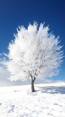 Wall Mural - a beautiful tree, covered in snow, stands alone in the snowy field against a blue sky