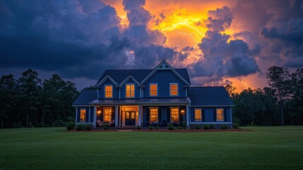 Wall Mural - Dramatic lightning storm over house with glowing windows and reflection in puddles during rainy night Generative AI