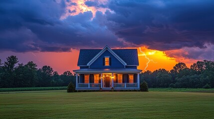 Wall Mural - Dramatic lightning storm over house with glowing windows and reflection in puddles during rainy night Generative AI