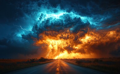 Wall Mural - Massive storm cloud with lightning striking over open road at sunset creating a dramatic and intense sky scene Generative AI