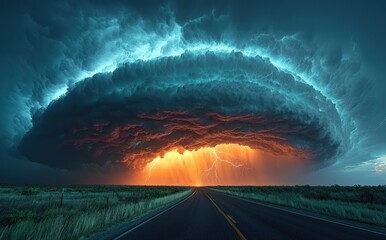 Wall Mural - Massive storm cloud with lightning striking over open road at sunset creating a dramatic and intense sky scene Generative AI