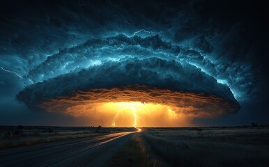 Wall Mural - Massive storm cloud with lightning striking over open road at sunset creating a dramatic and intense sky scene Generative AI
