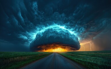 Wall Mural - Massive storm cloud with lightning striking over open road at sunset creating a dramatic and intense sky scene Generative AI