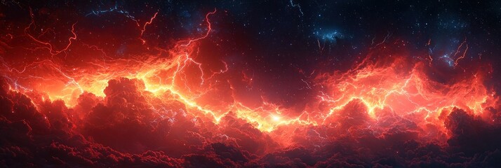 Wall Mural - Fiery red and orange cosmic storm with lightning bolts illuminating turbulent clouds and dark starry sky in space Generative AI