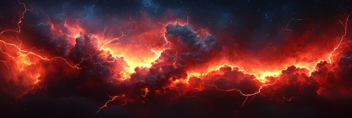 Wall Mural - Fiery red and orange cosmic storm with lightning bolts illuminating turbulent clouds and dark starry sky in space Generative AI