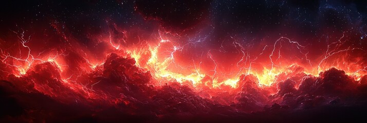 Wall Mural - Fiery red and orange cosmic storm with lightning bolts illuminating turbulent clouds and dark starry sky in space Generative AI