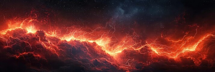 Wall Mural - Fiery red and orange cosmic storm with lightning bolts illuminating turbulent clouds and dark starry sky in space Generative AI