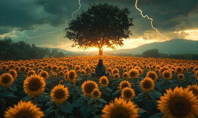 Wall Mural - Sunflower field with solitary tree under dark stormy sky as lightning strikes in the distance Generative AI