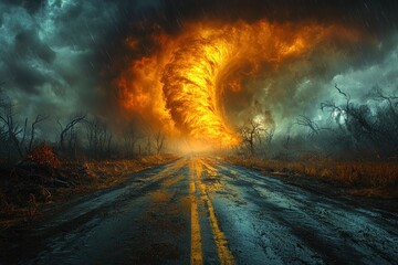 Wall Mural - Fiery tornado spiraling down a deserted road with dark storm clouds overhead in a dramatic landscape Generative AI
