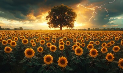 Wall Mural - Sunflower field with single tree under dark stormy sky as lightning flashes in the background Generative AI