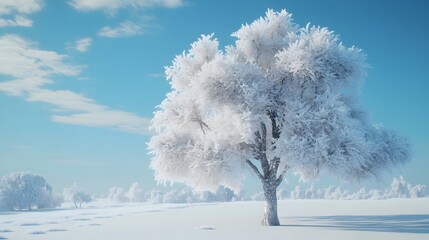 Wall Mural - a beautiful tree, covered in snow, stands alone in the snowy field against a blue sky