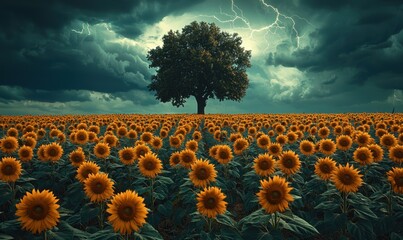 Wall Mural - Sunflower field with single tree under dark stormy sky as lightning flashes in the background Generative AI