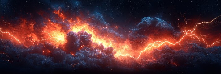 Wall Mural - Intense fiery lightning storm with glowing red and orange clouds creating a dramatic and powerful cosmic atmosphere Generative AI