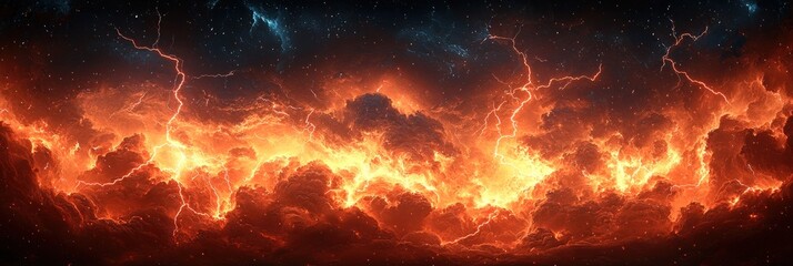 Wall Mural - Intense fiery lightning storm with glowing red and orange clouds creating a dramatic and powerful cosmic atmosphere Generative AI