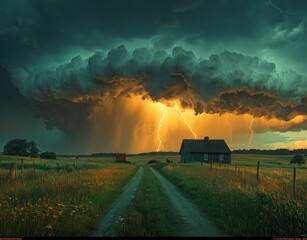 Wall Mural - Powerful lightning bolt strikes a green field under a stormy sky with glowing clouds and falling rain Generative AI
