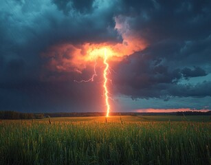 Wall Mural - Powerful lightning bolt strikes a green field under a stormy sky with glowing clouds and falling rain Generative AI
