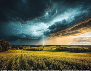 Wall Mural - Powerful lightning bolt strikes a green field under a stormy sky with glowing clouds and falling rain Generative AI