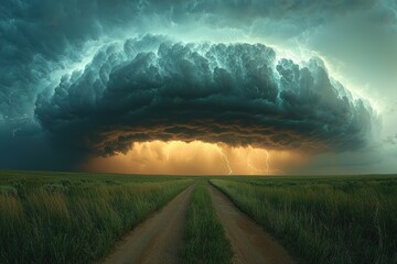 Wall Mural - Massive supercell storm with lightning striking over dirt road and vast grassy field under dramatic sky Generative AI