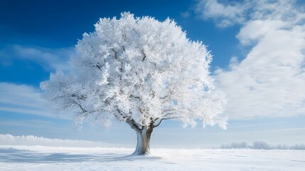 Wall Mural - a beautiful tree, covered in snow, stands alone in the snowy field against a blue sky