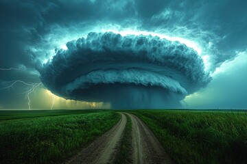 Wall Mural - Massive supercell storm with lightning striking over dirt road and vast grassy field under dramatic sky Generative AI