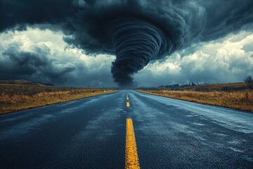 Wall Mural - Massive dark tornado swirling on an empty road under stormy skies in a dramatic rural landscape Generative AI