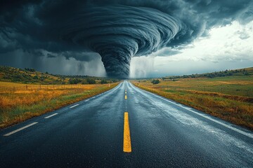 Wall Mural - Massive dark tornado swirling on an empty road under stormy skies in a dramatic rural landscape Generative AI