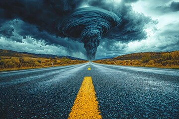 Wall Mural - Massive dark tornado swirling on an empty road under stormy skies in a dramatic rural landscape Generative AI
