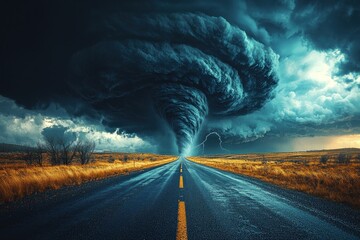 Wall Mural - Massive dark tornado swirling on an empty road under stormy skies in a dramatic rural landscape Generative AI