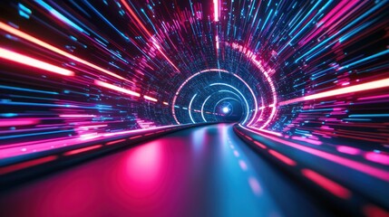 Wall Mural - Abstract neon blue and pink light trails in a futuristic tunnel Generative AI
