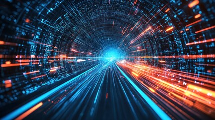 Wall Mural - Abstract neon blue and pink light trails in a futuristic tunnel Generative AI