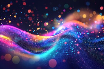 Wall Mural - Colorful flowing waves with glowing bokeh and particles in a dark abstract background Generative AI