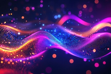 Wall Mural - Colorful flowing waves with glowing bokeh and particles in a dark abstract background Generative AI