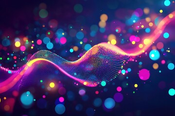 Wall Mural - Colorful flowing waves with glowing bokeh and particles in a dark abstract background Generative AI