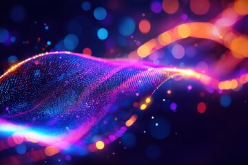 Wall Mural - Colorful flowing waves with glowing bokeh and particles in a dark abstract background Generative AI