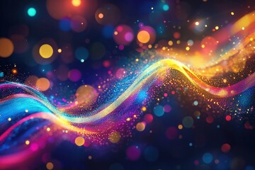 Wall Mural - Colorful flowing waves with glowing bokeh and particles in a dark abstract background Generative AI