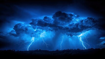 Wall Mural - Intense lightning storm illuminating dark blue clouds creating a dramatic and powerful sky scene Generative AI