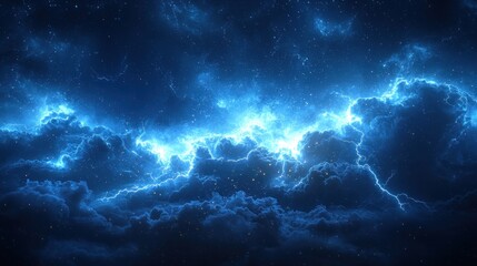 Wall Mural - Glowing electric blue clouds with lightning flashes illuminating a dark, star-filled sky creating a surreal celestial scene Generative AI