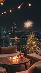 Wall Mural - cozy rooftop new year celebration with fireworks and city skyline